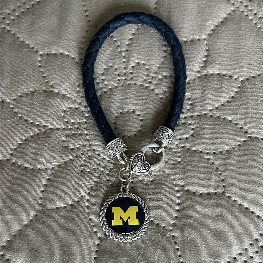 MICHIGAN GO BLUE Navy Braided Bracelet with Silver Charm